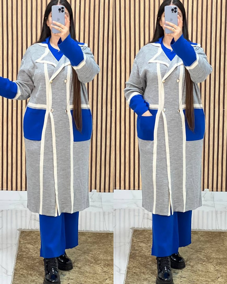 ثلاث قطع كارديغان تريكو طويل بـ Color Block – إطلالة شتوية جريئة وعصرية | 4 ألوان