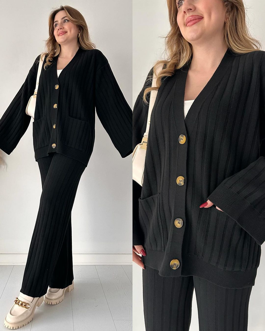 طقم تريكو ريب كارديغان + بنطال واسع – دفء بأناقة لا تُضاهى | 5 ألوان