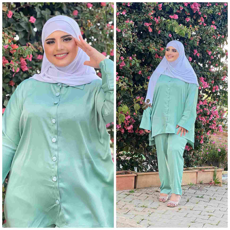 طقم ساتان فاخر قميص + بنطال – أناقة ناعمة ومحتشمة | 5 ألوان