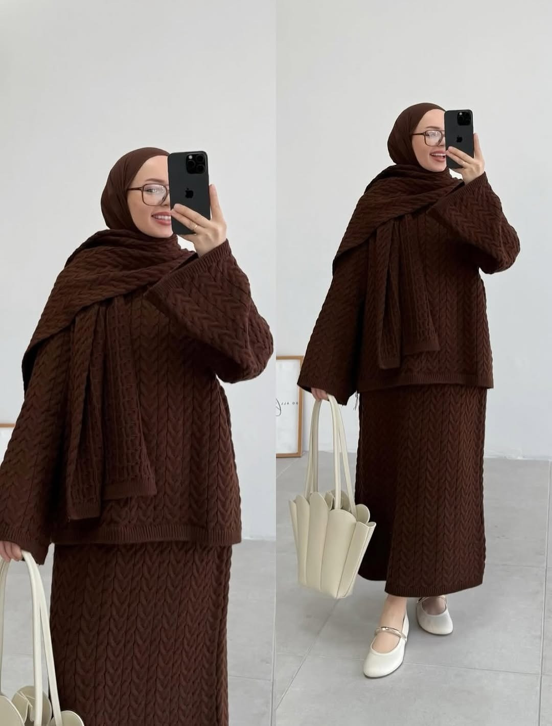 طقم تريكو شتوي فاخر سويتر + جيبة + إيشارب – دفء وأناقة في إطلالة واحدة | 6 ألوان