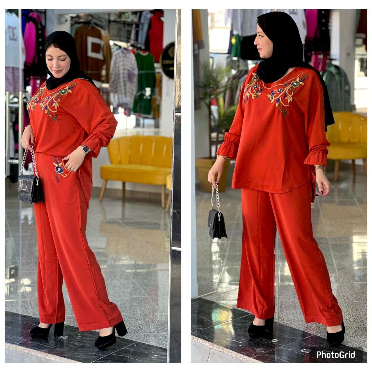 طقم توب + بنطال بتطريز زهور ملون – أناقة مشرقة بلمسة فنية | 3 ألوان