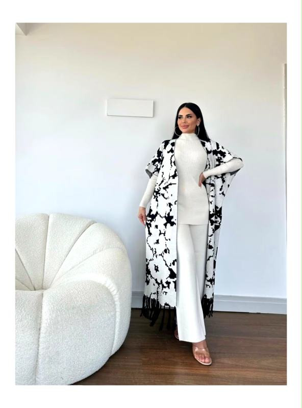 طقم 3 في 1 فاخر – كيمونو بشرابات + تورتلنيك + بنطال فلار | 8 ألوان