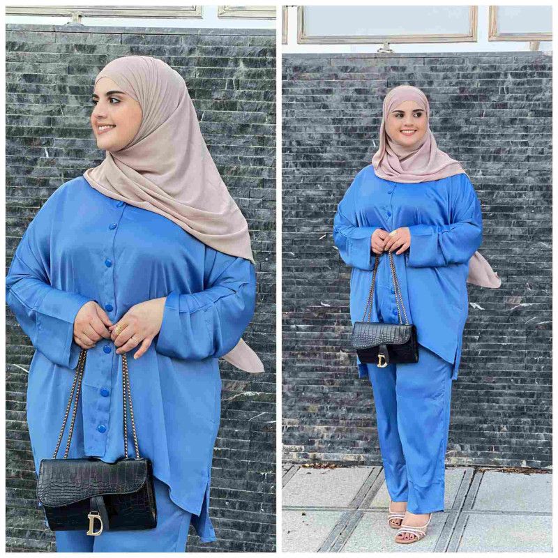 طقم ساتان فاخر قميص + بنطال – أناقة ناعمة ومحتشمة | 5 ألوان