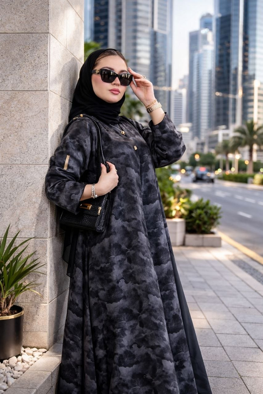 طقم بقطعتين لعباية مفتوحة بطبعة Tie-Dye فاخرة – جرأة وأناقة في إطلالة واحدة